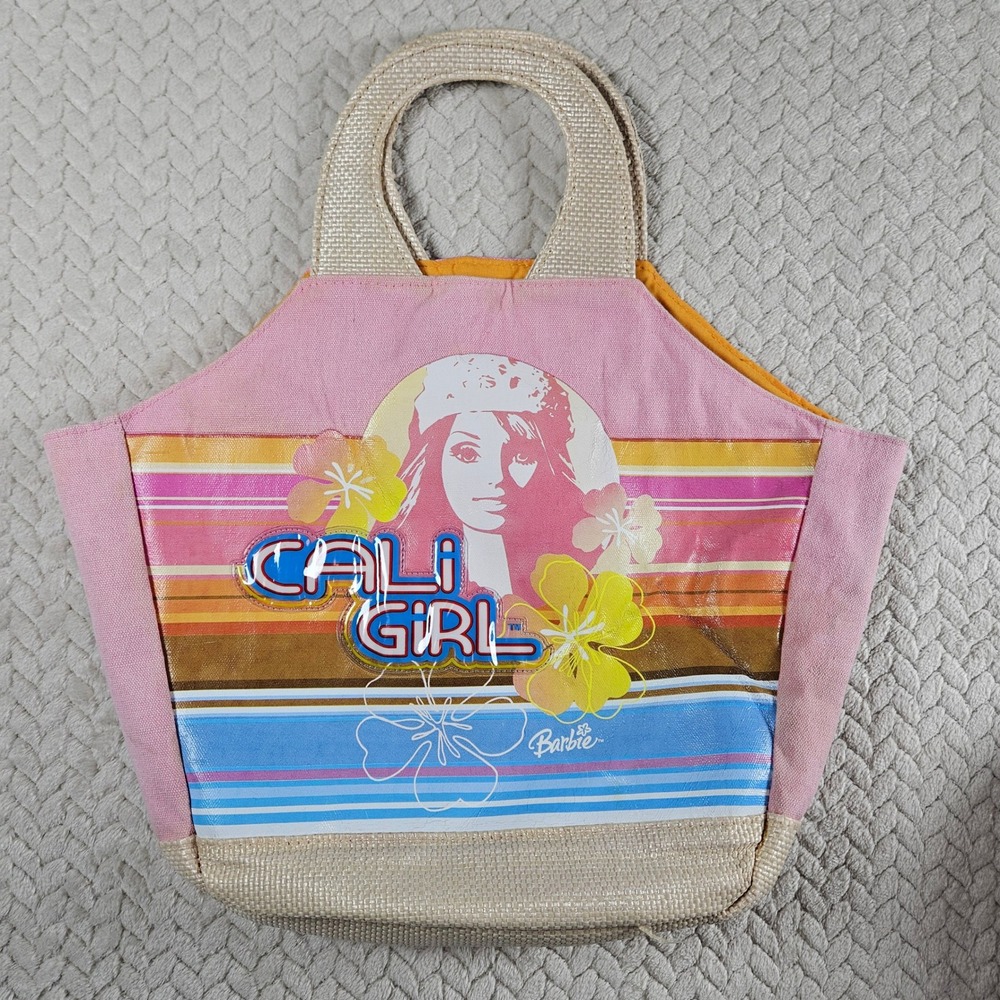 Vintage Barbie Cali Girl Pink Canvas Beach Tote Bag Y2K Hibiscus Graphic 2004